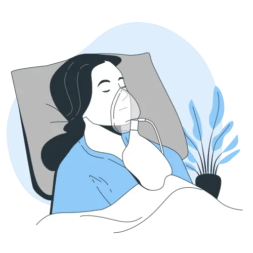 Woman Resting in Bed with Oxygen Mask Illustration of a woman lying in bed with an oxygen mask, suggesting medical care or recovery.